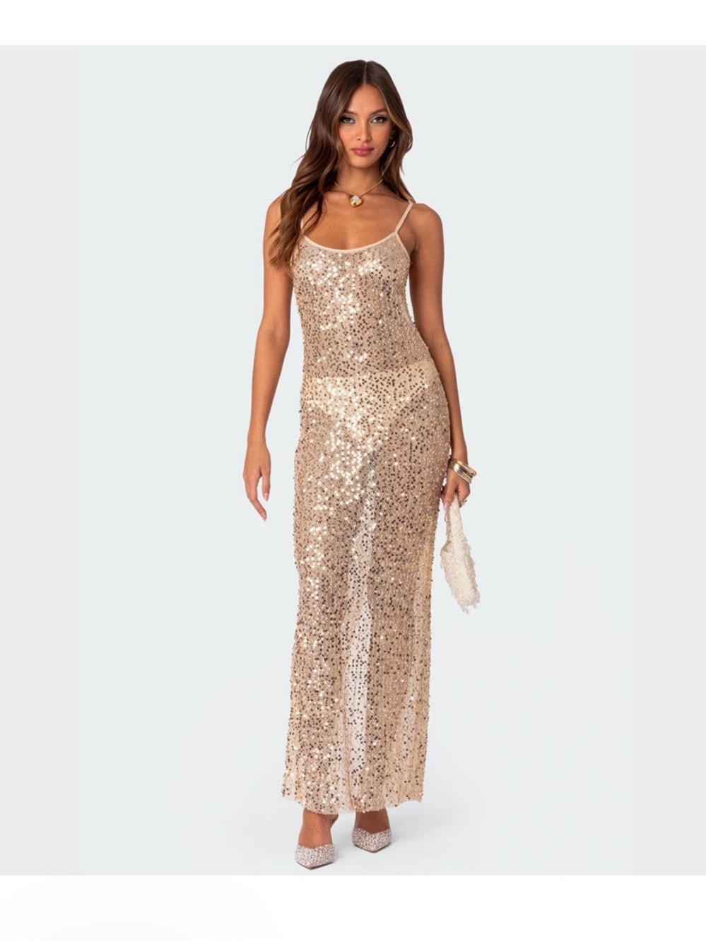 Edikted Gold Sequin Mesh Maxi Dress  sheer Sparkly Bodycon NWT